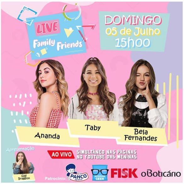 Taby participa da Live Solidária Family Friends com Ananda e Bela Fernandes neste domingo