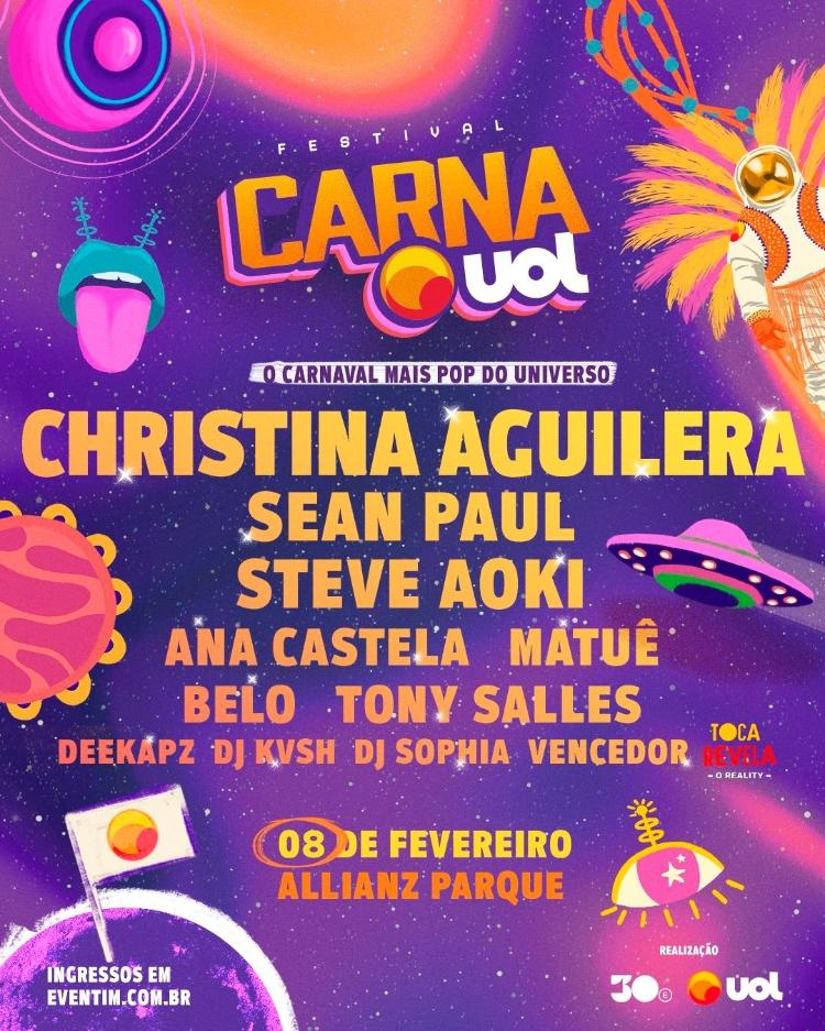 Christina Aguilera, Sean Paul e Steve Aoki estarão no CarnaUOL 2025, em SP | Foto: Divulgação